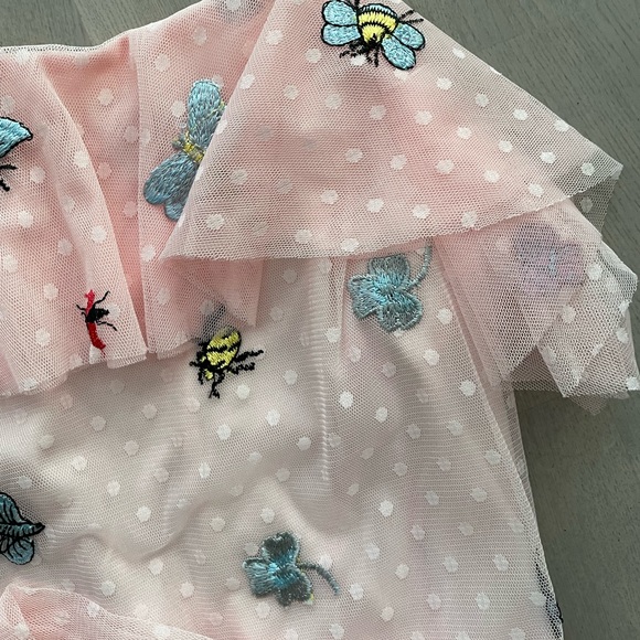 Betsey Johnson Ruffled Frilly Pink Tulle Mesh Lace Dress with Insects Embroidery - Picture 5 of 7